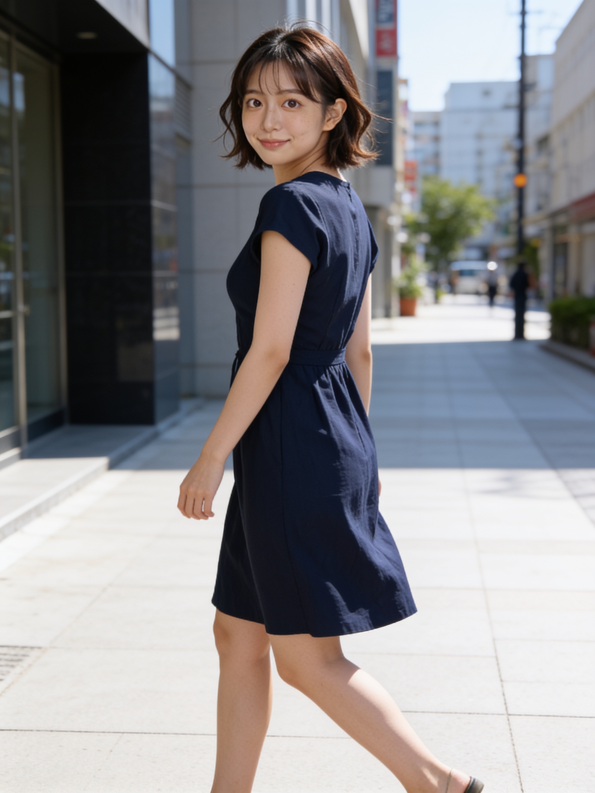 同じ架空の成人AIタレントが歩く瞬間を撮影した作例